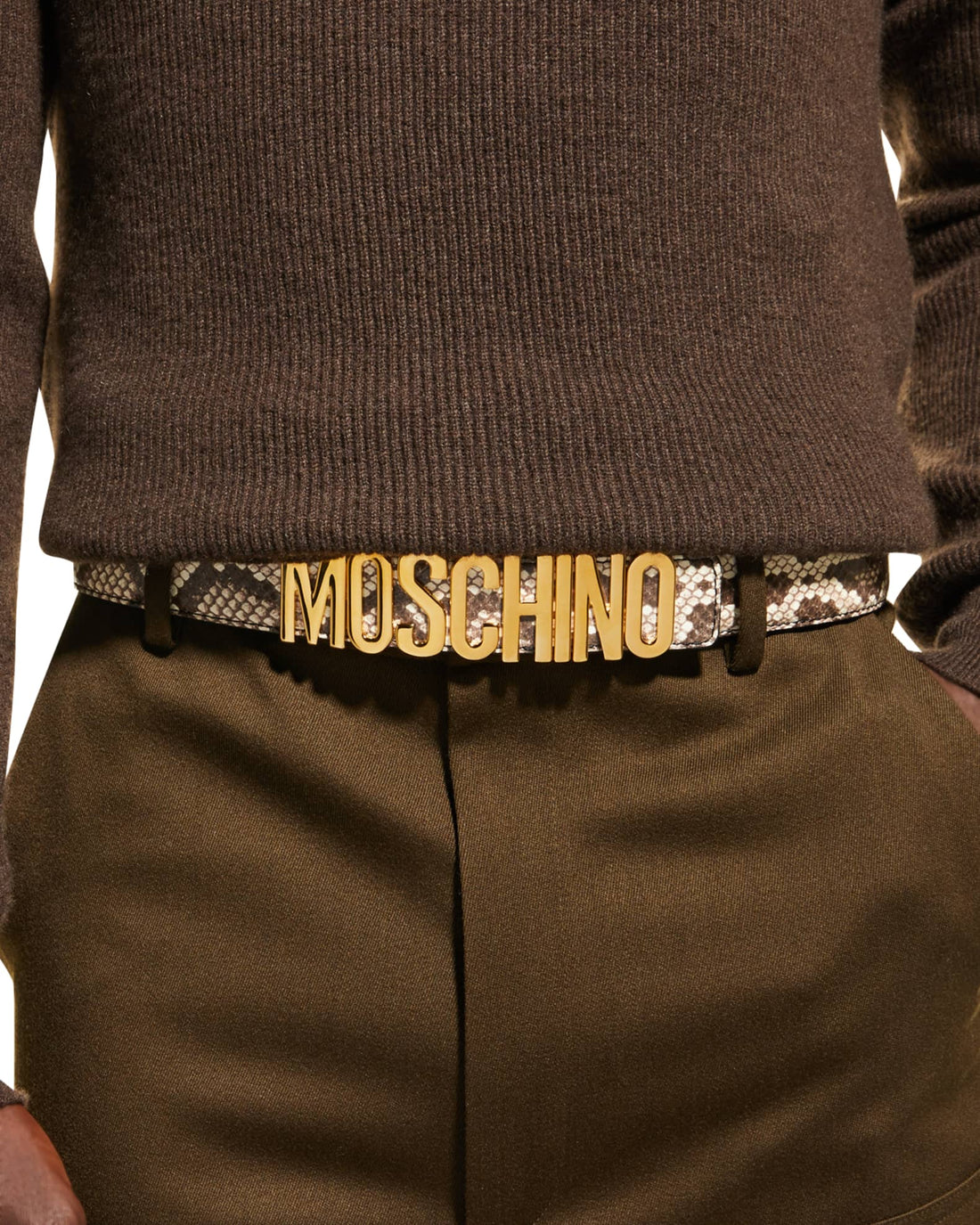 Moschino Men's Python Print Leather Logo Belt