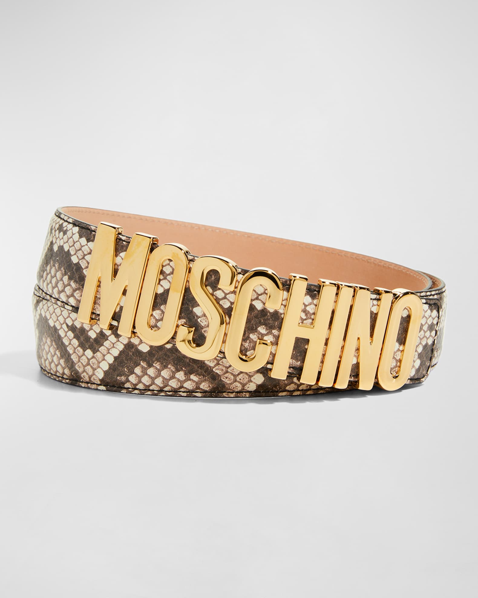 Moschino Men's Python Print Leather Logo Belt