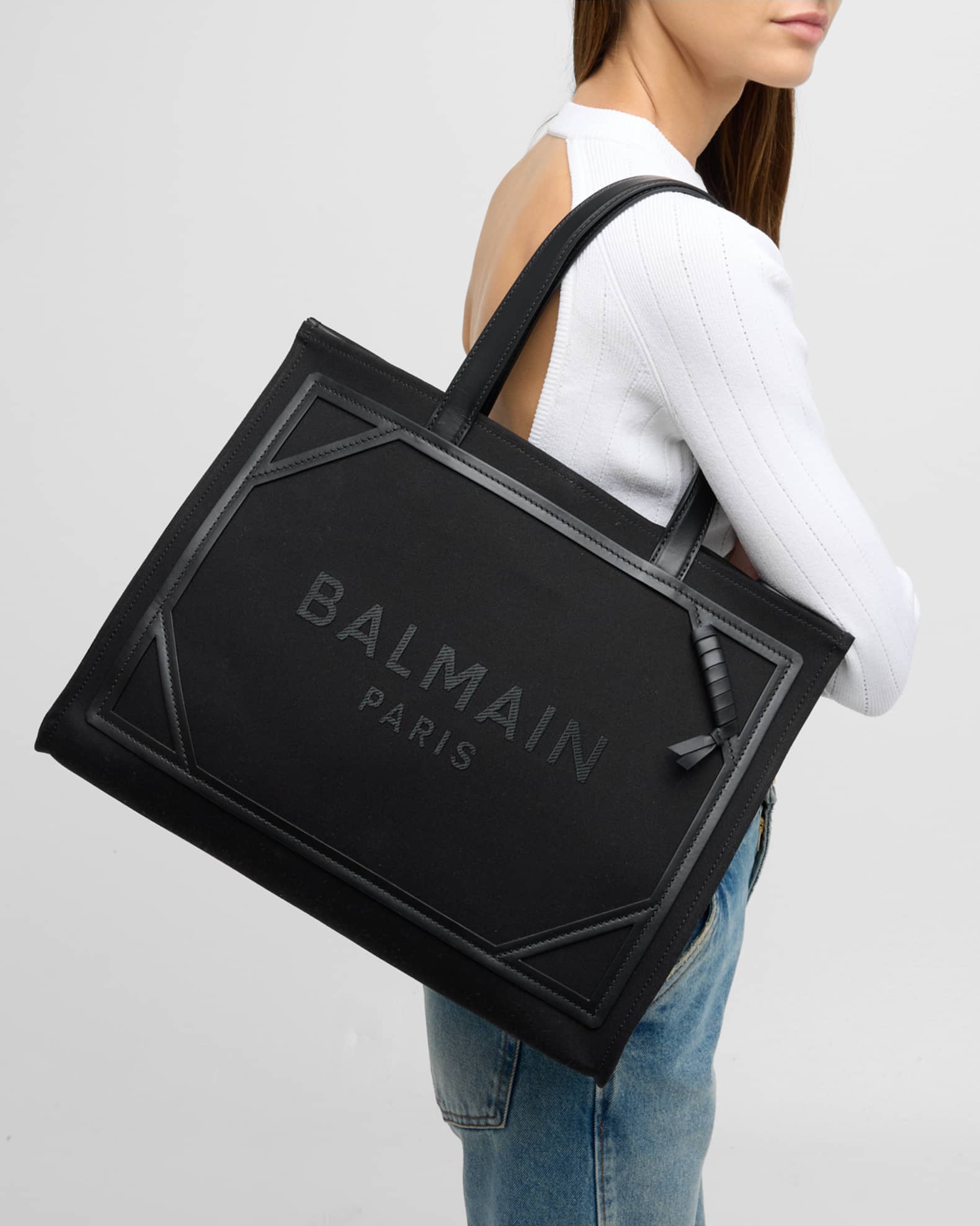 Balmain B Army Medium Shopper Tote Bag in Canvas with Leather Handles