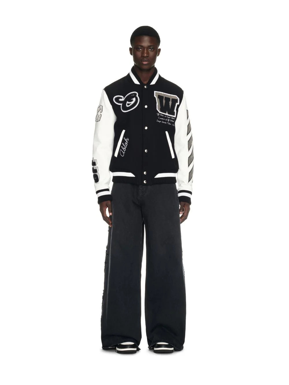 Off-White Leather Wool Varsity Jacket 'Black/Black'